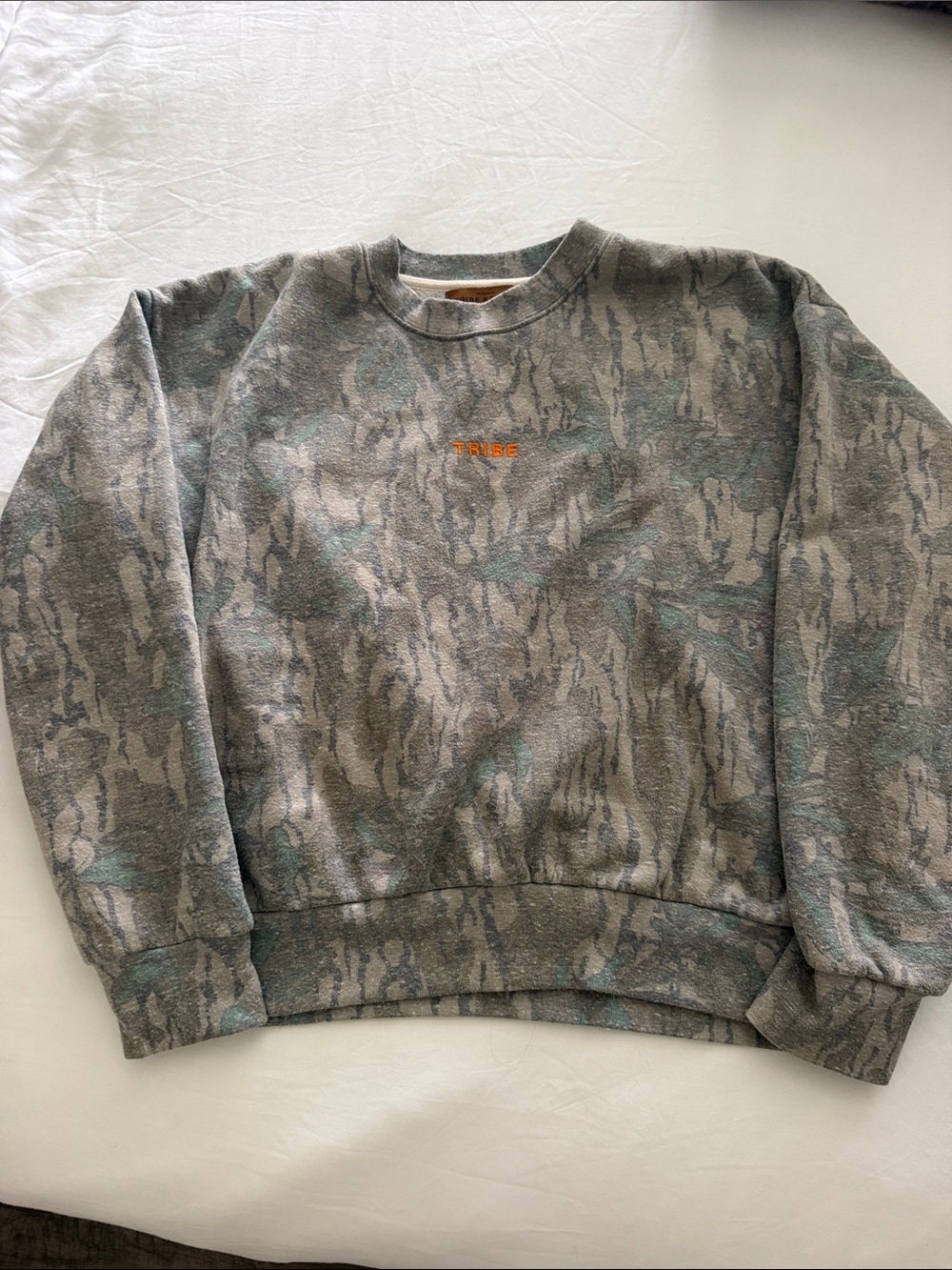 Limited edition Tribe Kelley bottomland camo and orange embroidered crewneck